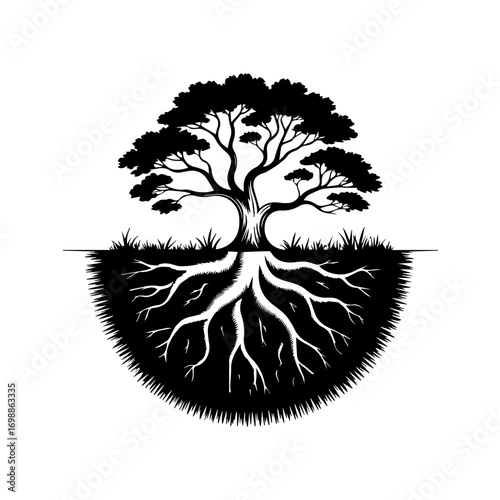 Symbolic illustration of a flourishing tree with visible roots, representing growth and connection.