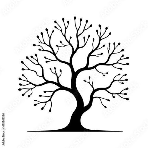Stylized black tree silhouette with delicate branches and buds against a white background