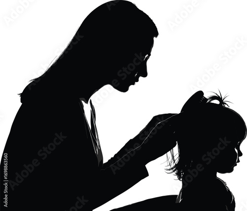 Silhouette of mother gently styling daughter’s hair, tender parenting moment, loving family interaction, mother and child bond, vector illustration art