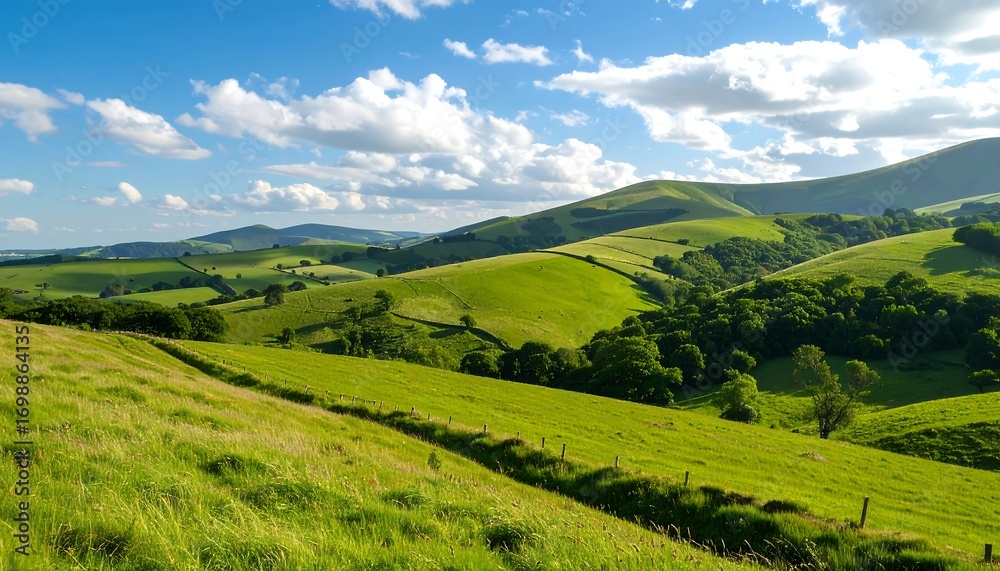 Obraz premium Lush green hills under a vibrant blue sky