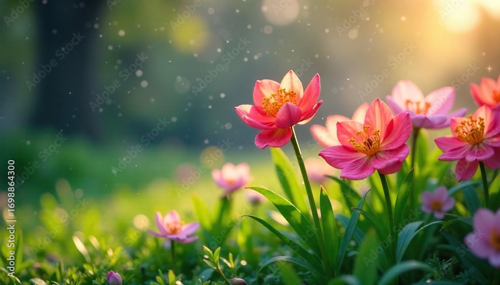 Naklejka premium Gentle spring rain nourishes blooming flowers, symbolizing growth, renewal, and the nurturing power of nature A vibrant scene of springtime's gentle caress , botany, macro