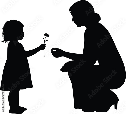 Silhouette of mother receiving flower from child, tender offering of love, family bond, heartfelt moment, nurturing growth, motherhood, child’s gift vector illustration.