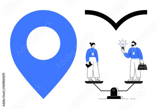 Giant blue geolocation pin, two professionals exchanging ideas on a scale, lightbulb representing innovation. Ideal for teamwork, collaboration, decision-making, balance, equality, creativity