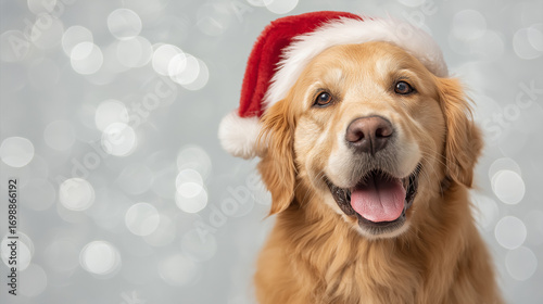 photo of a happy, smiling Golden Retriever wearing a red santa hat, against a white background with bokeh lights. this image could be used as a banner for a christmas or new year's party event, with c
