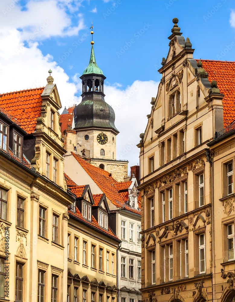 European city street scene with historic buildings and a tall tower European city street scene with historic buildings and a tall tower