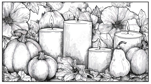 Black and white illustration of pumpkins, candles, and autumn foliage