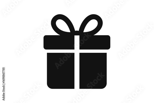 Simple black gift box icon with bow representing celebrations and special occasions