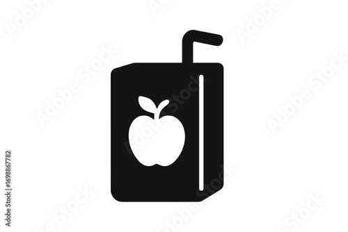Juice box featuring apple graphic with straw on a white background