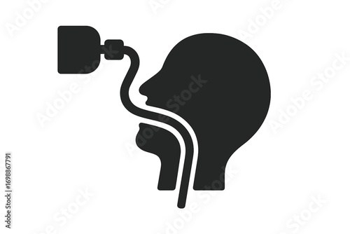 Breathing apparatus design featuring a face silhouette with a connected tube for air supply