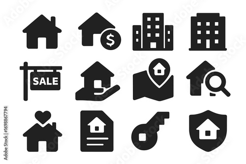 Collection of real estate icons representing various aspects of buying and selling homes