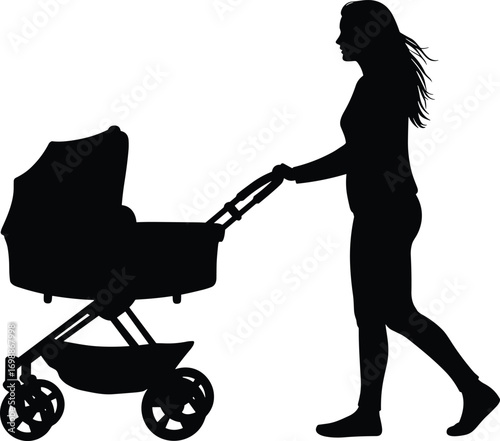 Silhouette of woman pushing baby stroller with flowing hair, mother walking outdoors, parenting care, family bonding, child care, healthy lifestyle, motherhood moment.