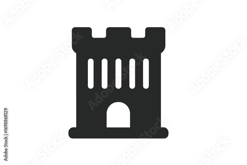 Black silhouette of a castle tower with battlements and an arched entrance representing historical architecture