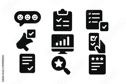 Icons representing user feedback, surveys, and data analysis in a digital workspace setting
