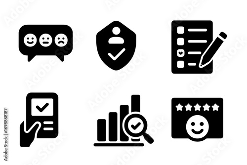 Icons depicting customer feedback, security, and performance evaluation in a business setting