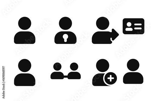 Icons representing user account actions and social interactions on digital platforms in a simple graphic layout