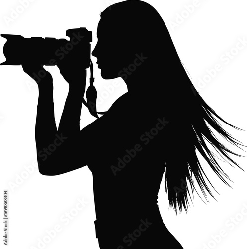 Silhouette of woman photographer holding camera, capturing photo, professional photography, female photographer with long hair vector illustration.