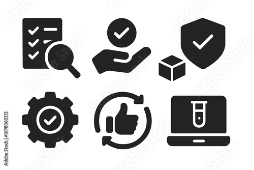 Icons representing quality control, safety, and efficiency in production processes used in various industries