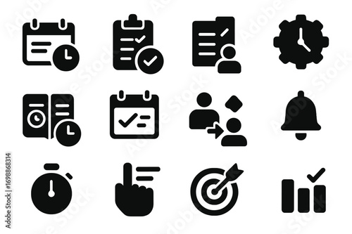 Icons representing time management, planning, and organization in a monochrome design for various applications