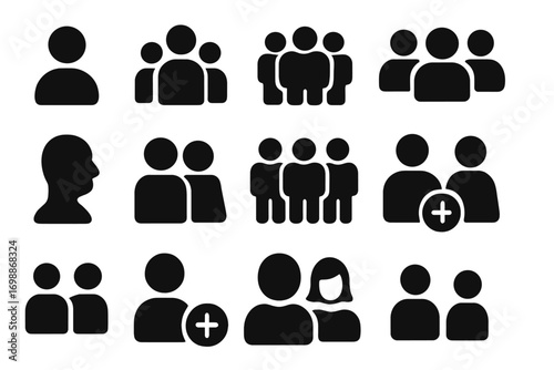 Multiple silhouettes of people engaging in various social interactions and relationships in a modern graphic style