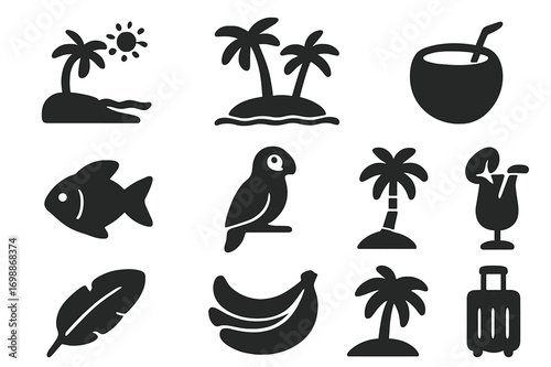 Vacation symbols with palm trees, tropical drinks and travel items representing a sunny getaway
