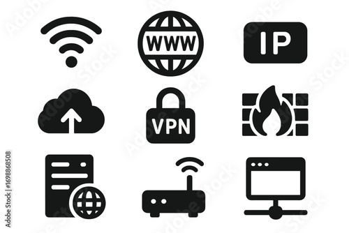 Icon set depicting essential internet and networking concepts including WiFi, VPN, and cloud storage
