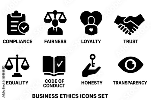 Business ethics icons representing compliance, fairness, loyalty, trust, and transparency for corporate values