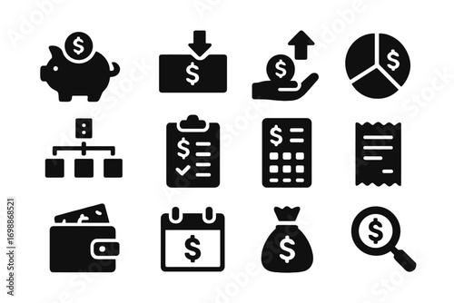 Visual representation of financial concepts including savings, investment, and budget management in black icons