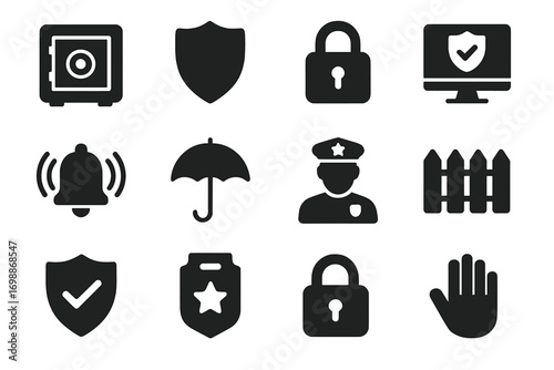 Icons representing security elements such as safes, shields, and police for safety measures and protection
