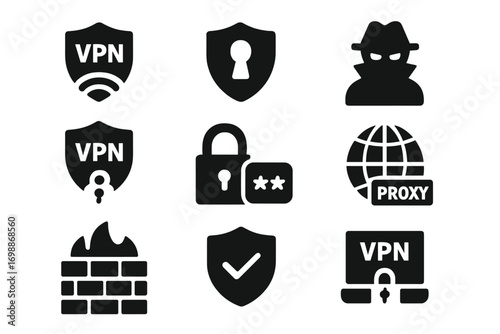 Symbols of online security tools and concepts displayed in a grid layout with VPN, lock, and proxy illustrations