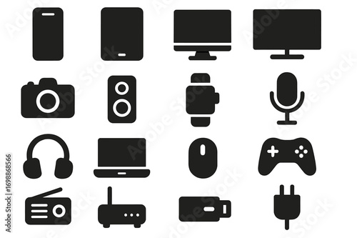 Collection of black silhouettes of various electronic devices arranged in a grid pattern on a white background