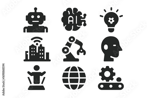 Vector illustrations showing various concepts of artificial intelligence, robotics, and technology in modern society