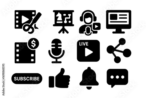 Collection of multimedia icons symbolizing digital content creation and engagement on various online platforms