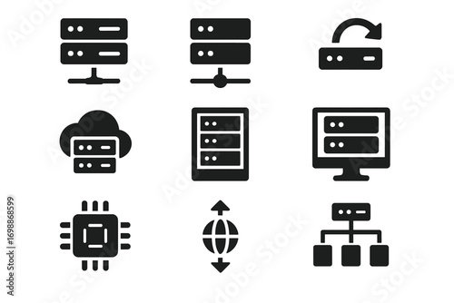 Various icons representing server technology and networking concepts illustrated in black and white style