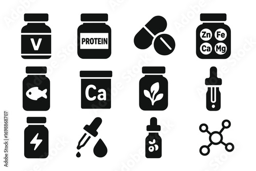 Nutritional supplements and vitamins displayed in various containers on a plain background