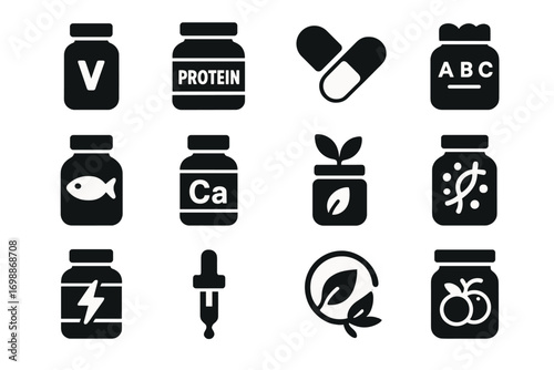 Variety of dietary supplements displayed in a flat layout featuring pills, vitamins, and herbal extracts on a simple background