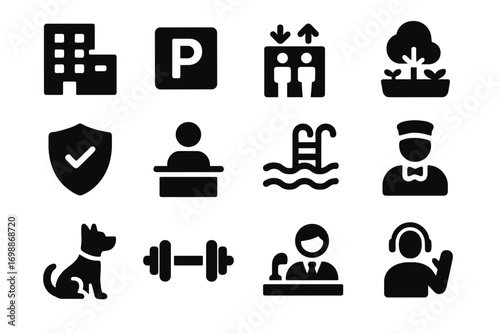 Icons of urban life featuring buildings, parking, fitness, and aquatic activities