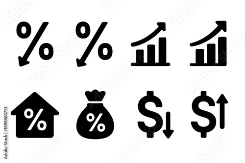 Financial symbols illustrating market trends, investments, and economic fluctuations in a minimalist design