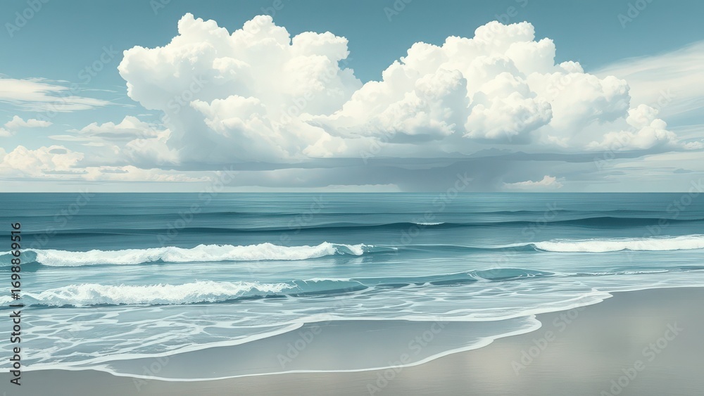 Fototapeta premium A tranquil view of the ocean waves gently lapping against the sandy shore under a sky filled with fluffy clouds.