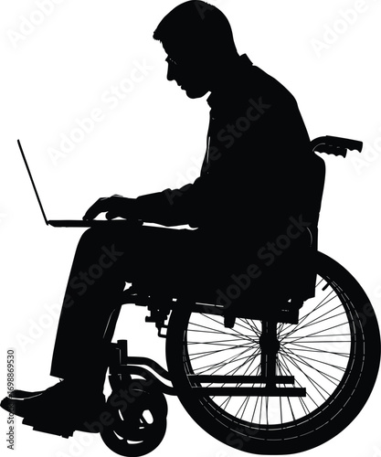 Silhouette Vector of Man in Wheelchair Using Laptop, Disability Inclusion Concept for Remote Work, Accessibility, Productivity, and Digital Empowerment