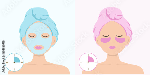 Set, Woman's face with cosmetic mask, cosmetic patches, watch, moisturizing mask, cosmetic procedures