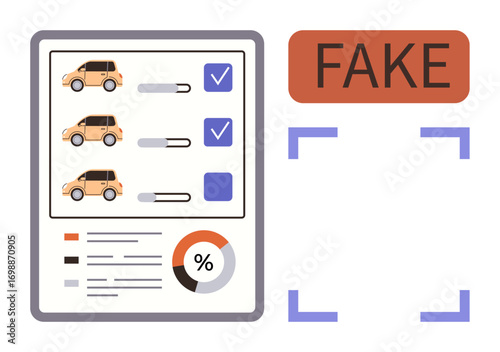 Document featuring cars, progress bars, checkboxes for approval, chart with percentage, and a fake fraud alert. Ideal for authentication, fraud prevention, technology, vehicle sales cybersecurity