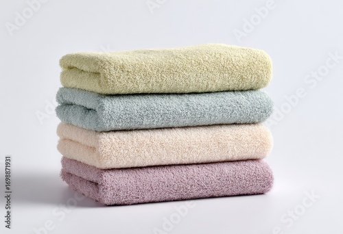 Stack of four soft, pastel-colored towels