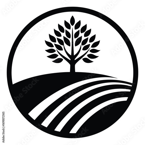 Circular Farm Logo with Plowed Field and Tree  