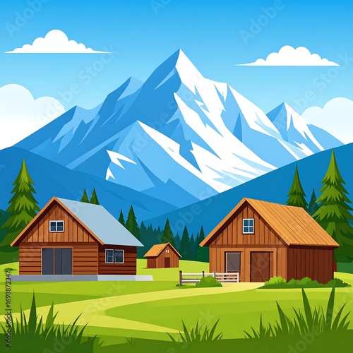 A picturesque valley scene showcasing wooden farmhouses nestled amongst lush green meadows, with a majestic snow-capped mountain range as a backdrop, bathed in vibrant sunlight.