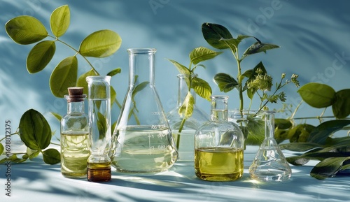 Clear glass laboratory flasks and bottles arranged with vibrant green foliage, suggesting natural beauty products