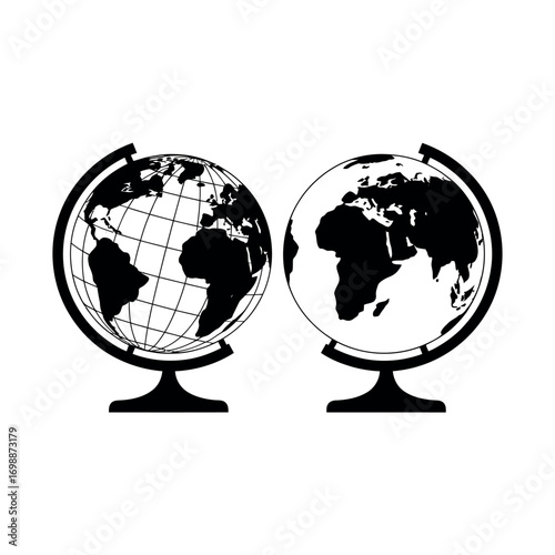 Two black silhouette globes showing continents on white background