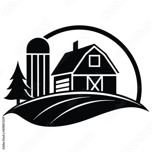 Modern Farm Logo with Barn Silo and Trees  