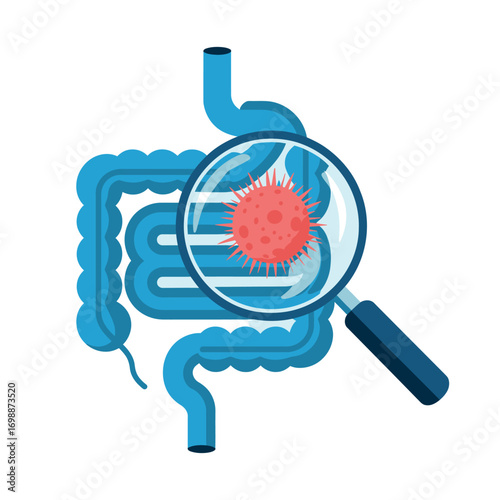 Magnifying glass inspecting a cancerous growth within the human colon