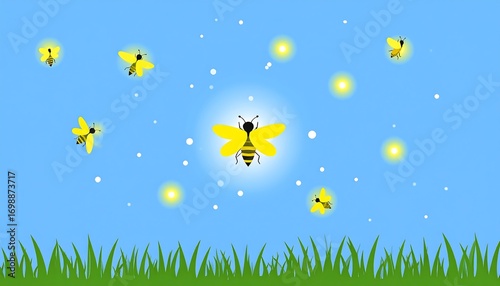 Flying yellow bugs in a light blue sky