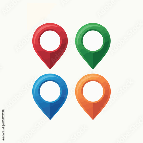Four colorful map pins in red green blue and orange on white background